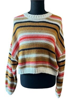 Billabong Striped Cropped Sweater Coastal Beachy Oversized Medium